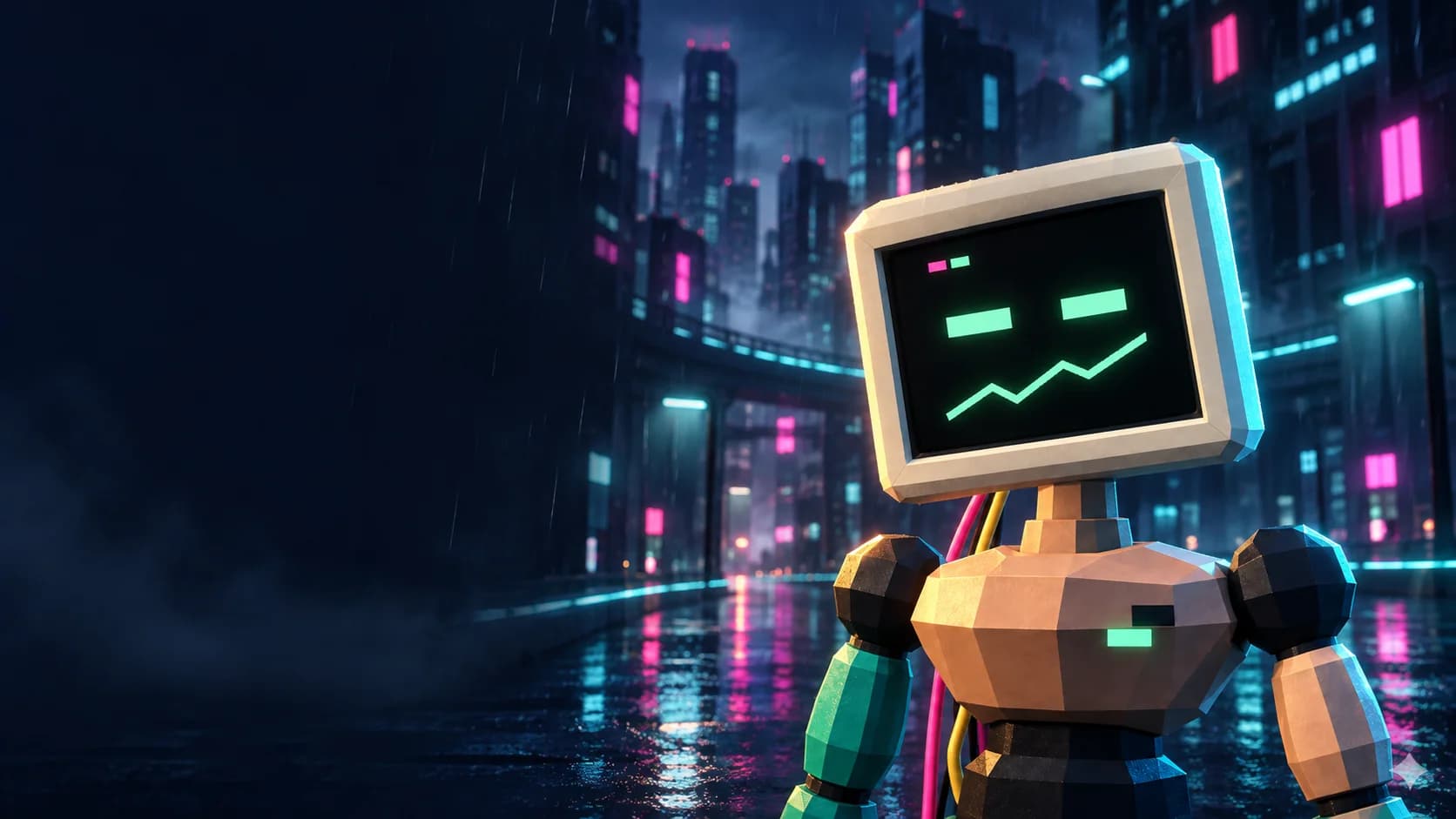 A copper and teal robot with a glowing mint CRT face in the neon streets of Stonk City